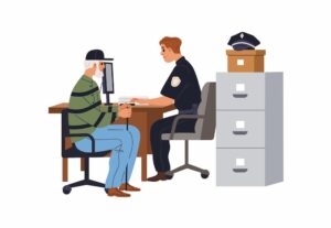 Flat-style illustration of a police officer handing a report to a driver inside a police station, representing how to get a police report after a car accident in Allentown.